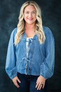 Tied Front Long Puff Sleeve Denim Top