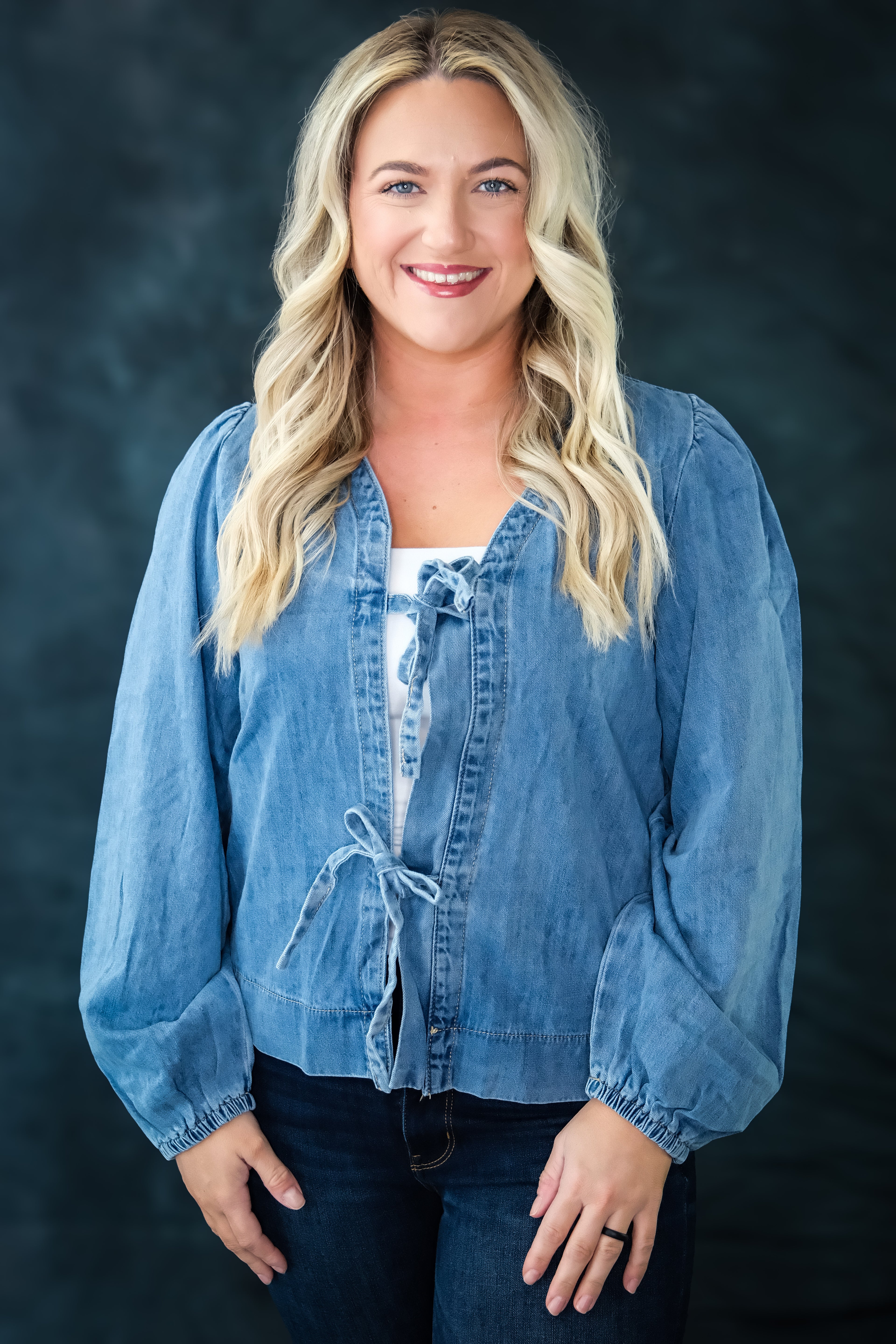 Tied Front Long Puff Sleeve Denim Top