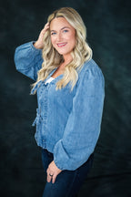 Tied Front Long Puff Sleeve Denim Top