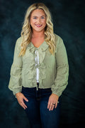 Green Bow Tie Front Ruffle Trim Long Sleeve