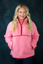 Pink Sherpa Half Zip Pocketed Pullover Sweatshirt