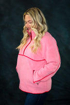 Pink Sherpa Half Zip Pocketed Pullover Sweatshirt