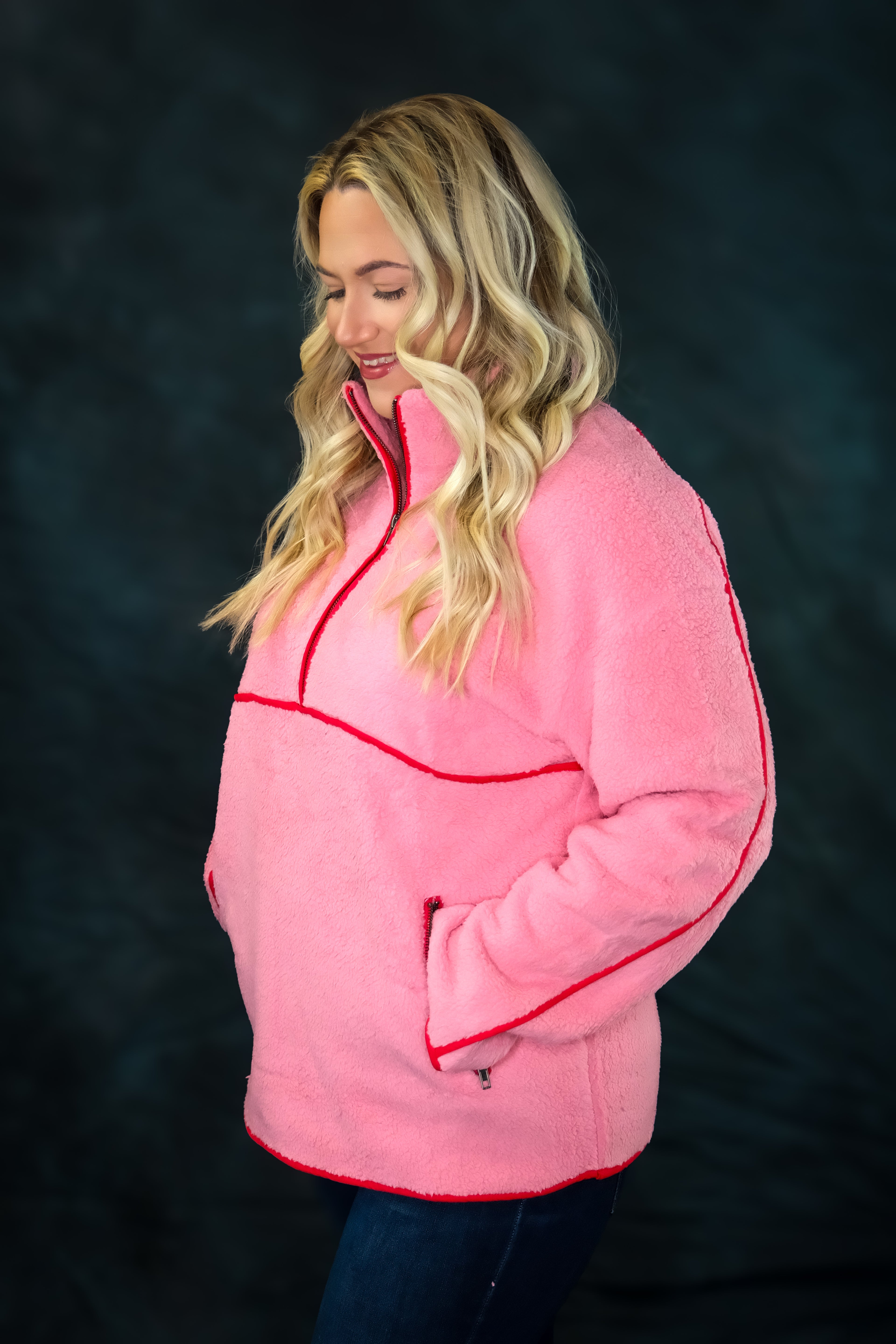 Pink Sherpa Half Zip Pocketed Pullover Sweatshirt