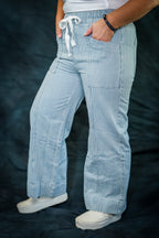 Blue Stripe Mid Rise Drawstring Waist Jeans