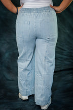 Blue Stripe Mid Rise Drawstring Waist Jeans