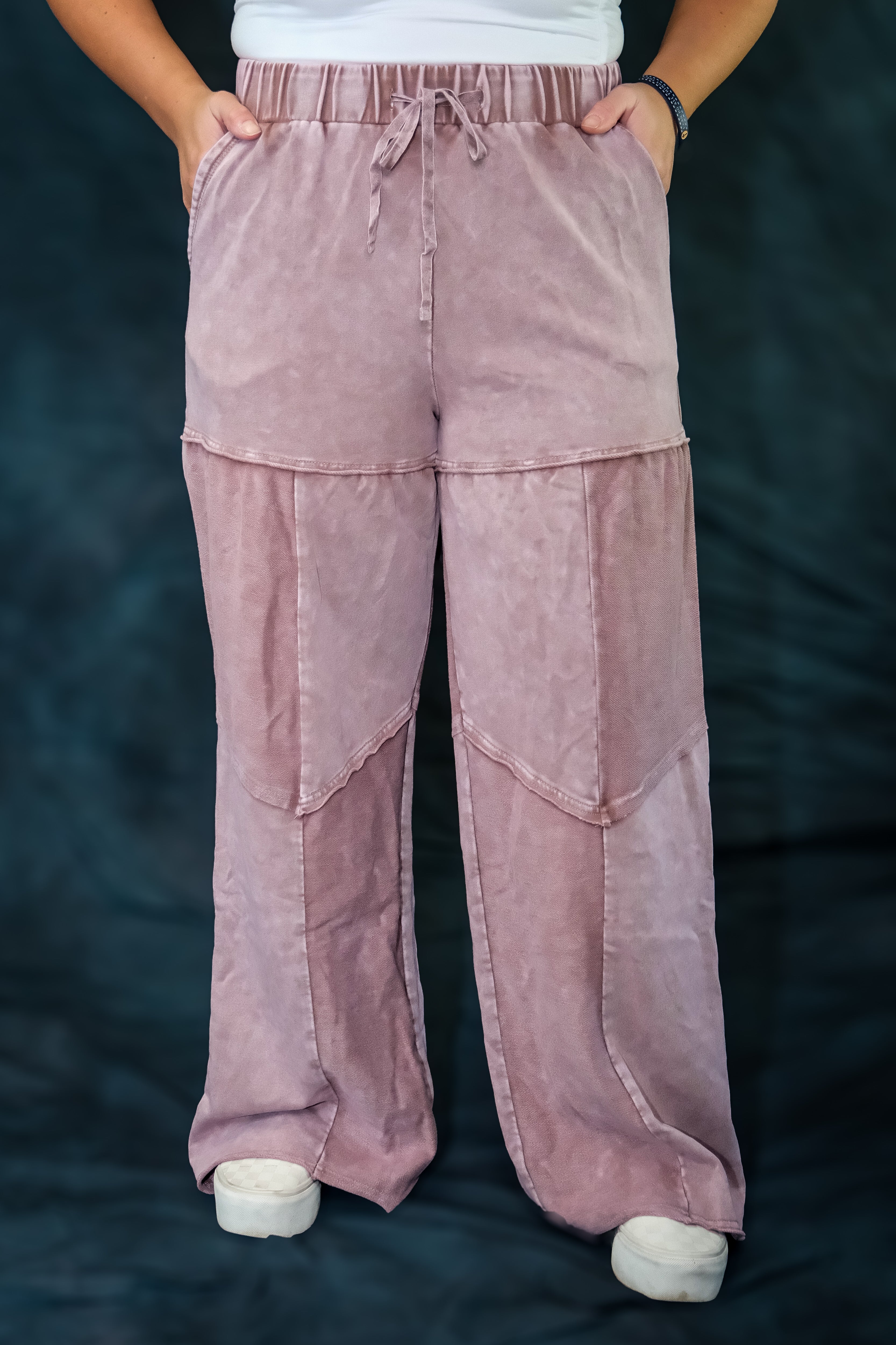 Mineral Wash Wide Leg Patchwork Drawstring Pants