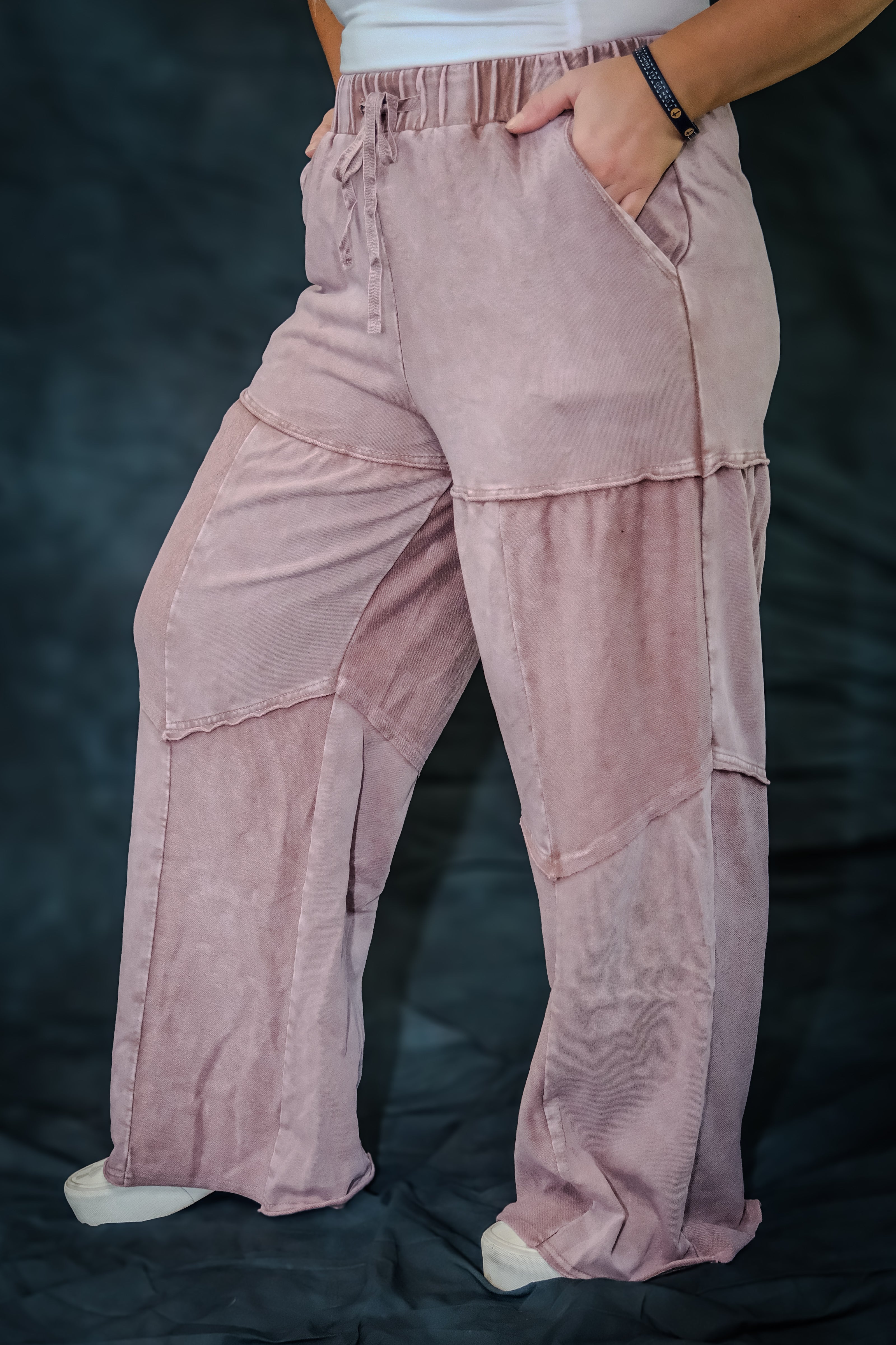 Mineral Wash Wide Leg Patchwork Drawstring Pants