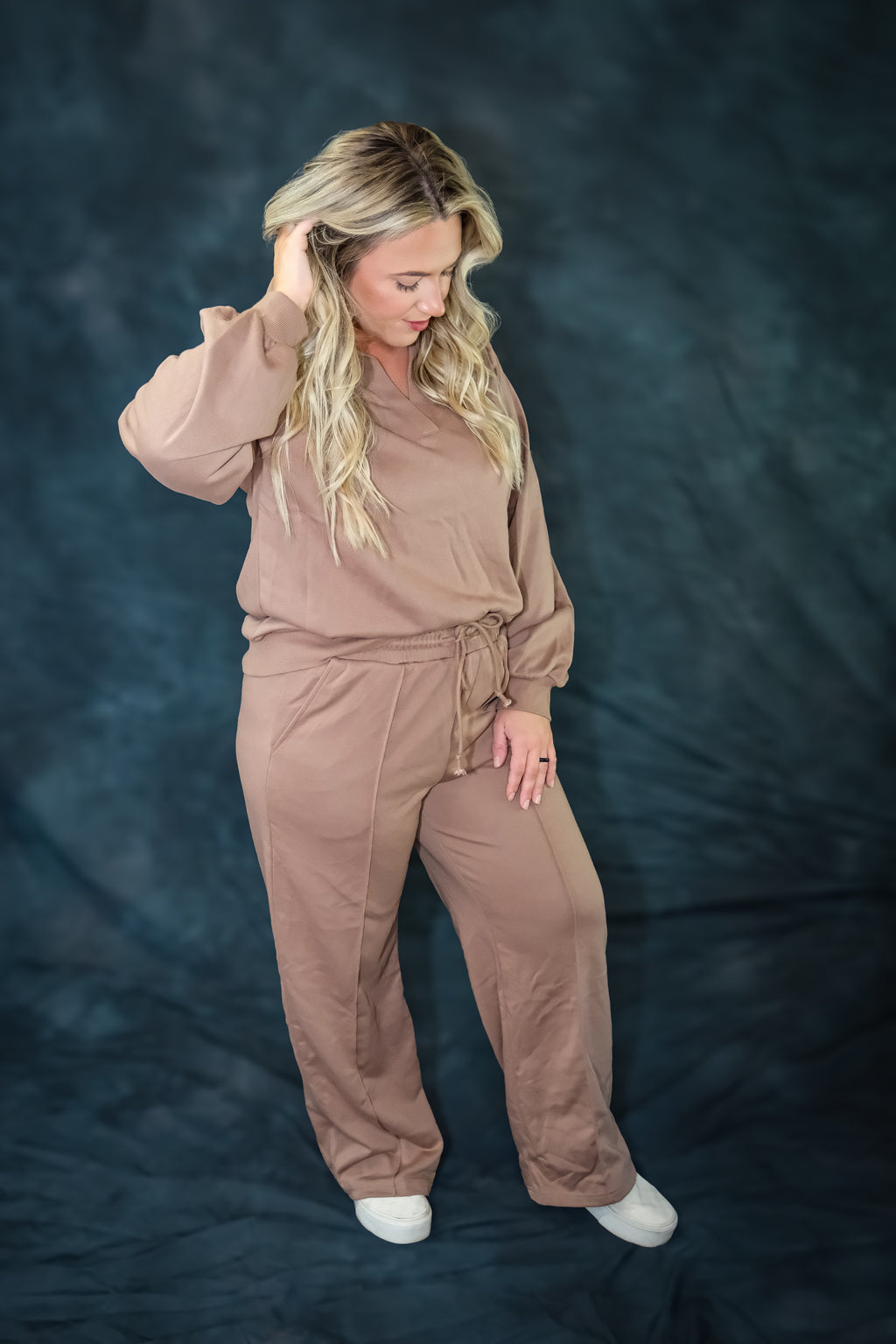 Dark Khaki V Neck Pullover Sweatpants Set