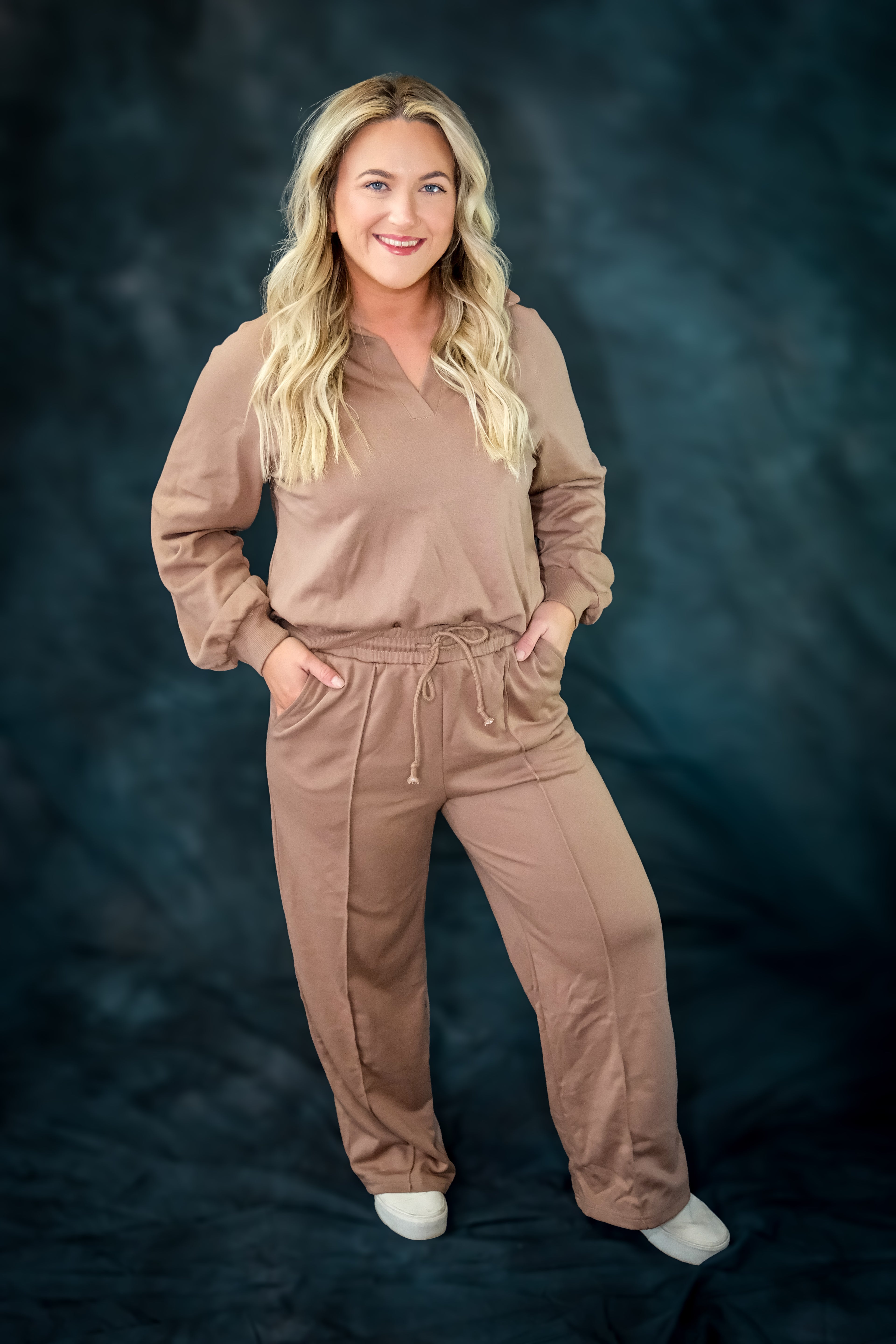 Dark Khaki V Neck Pullover Sweatpants Set