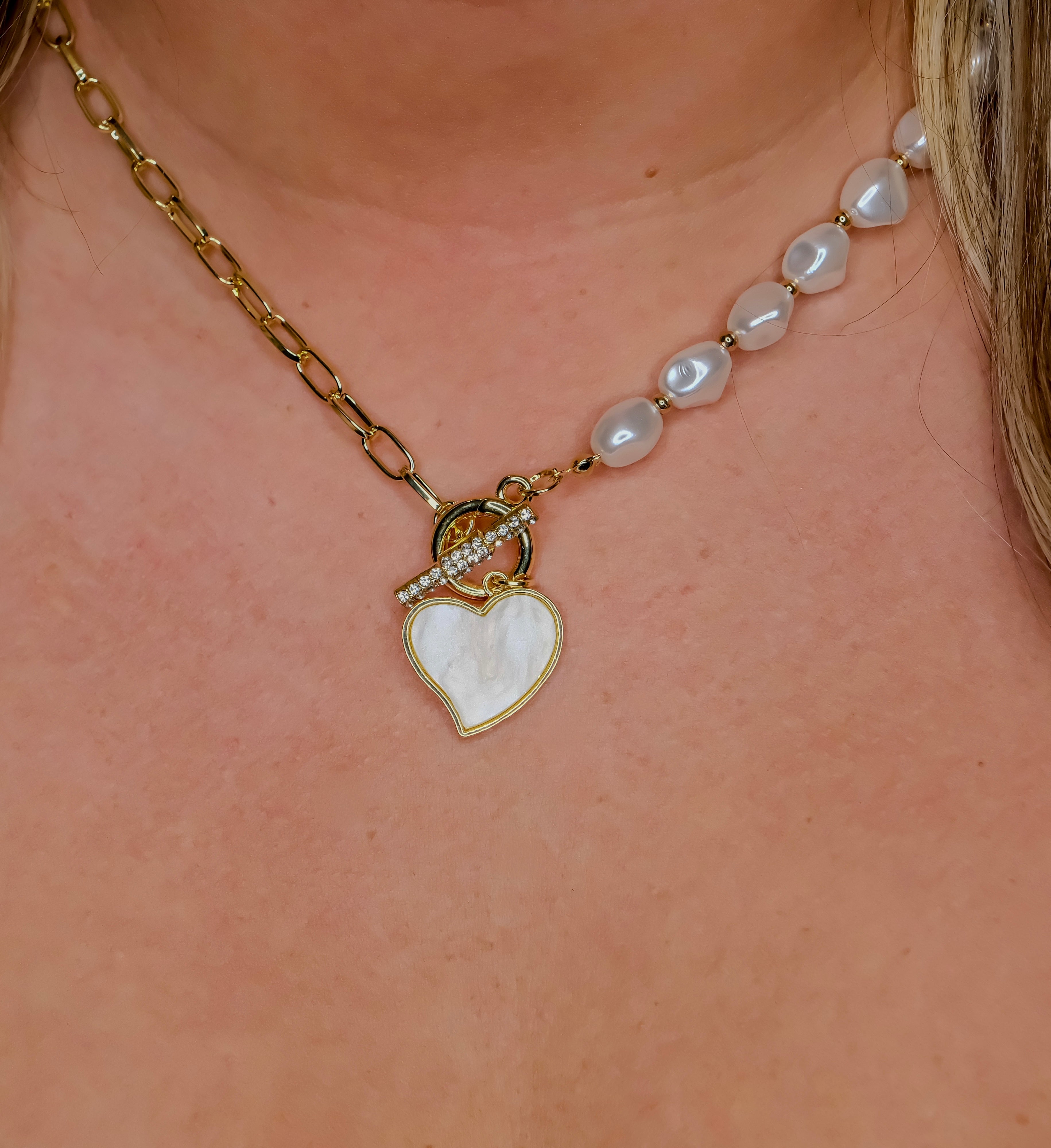 Gold Heart Shape Pendant Pearl Chain Necklace
