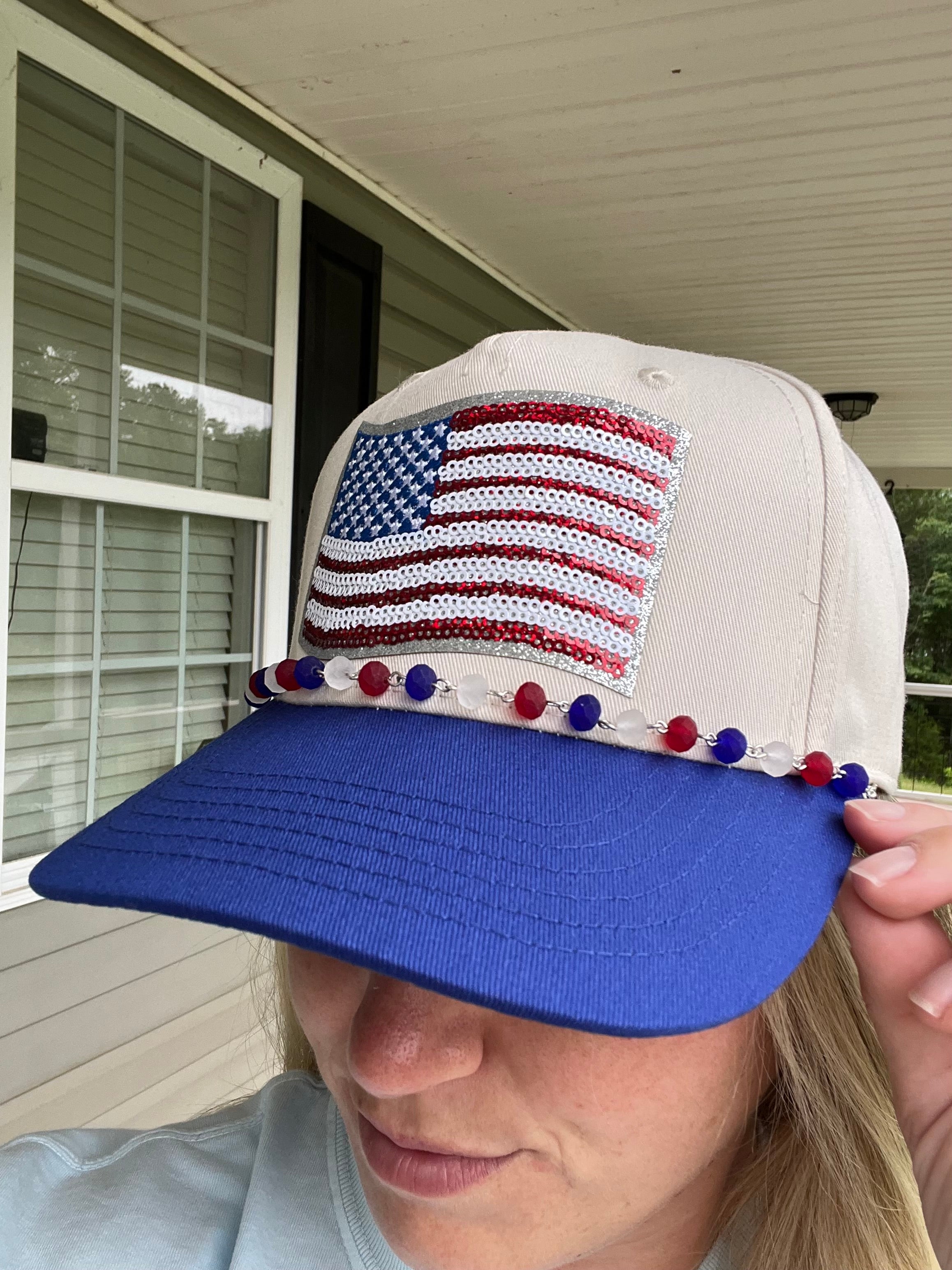 Red, White, and Blue Beaded Hat Chain