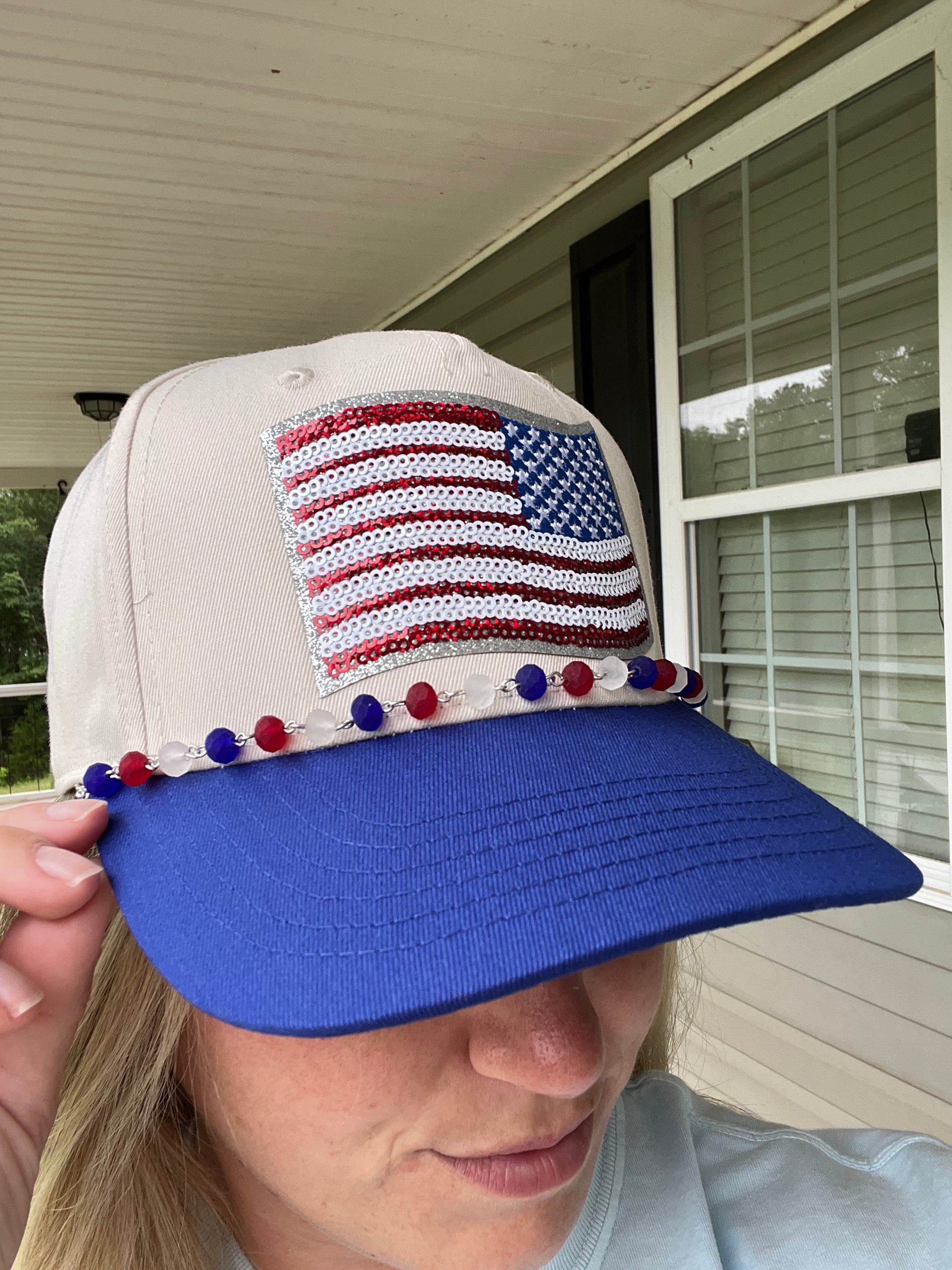 Red, White, and Blue Beaded Hat Chain