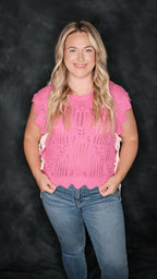 Knit Patterned Scalloped Short Sleeve Sweater